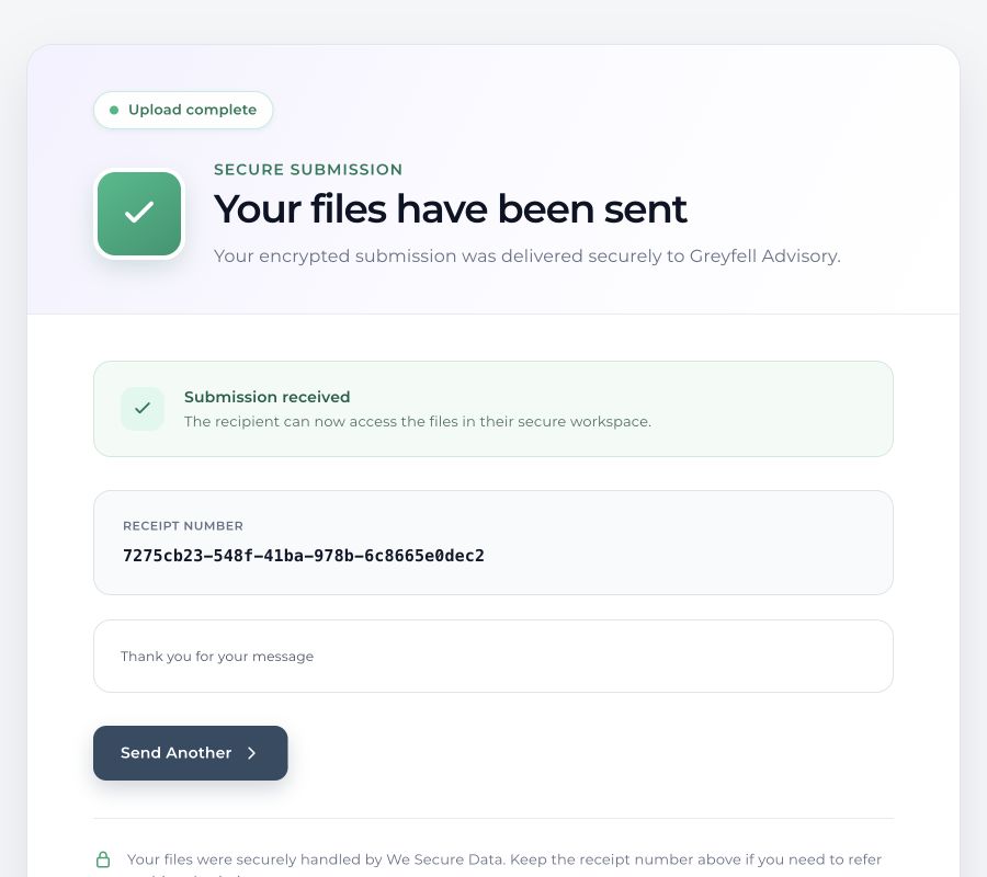 Greyfell File Drop confirming secure delivery