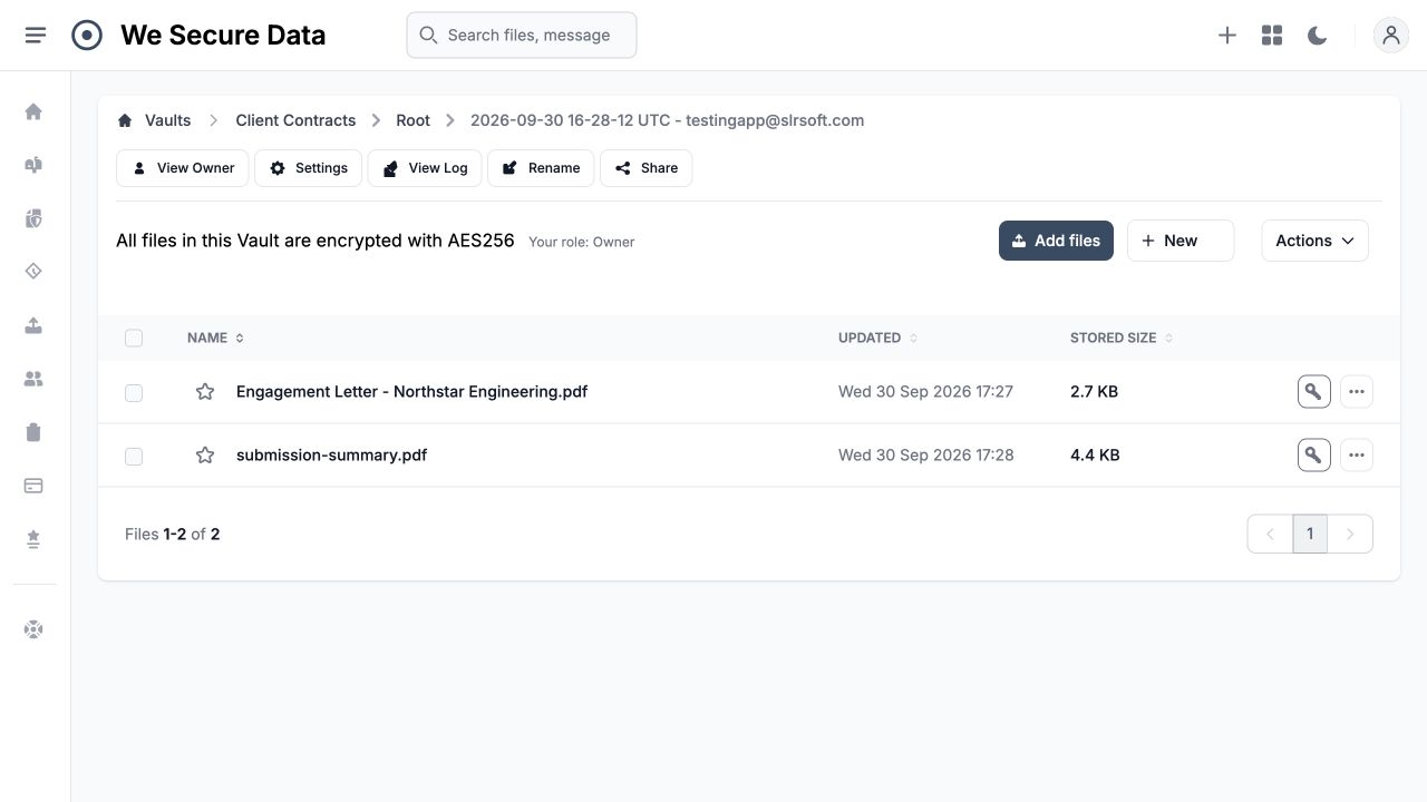 Client Contracts Vault containing the engagement letter and submission summary
