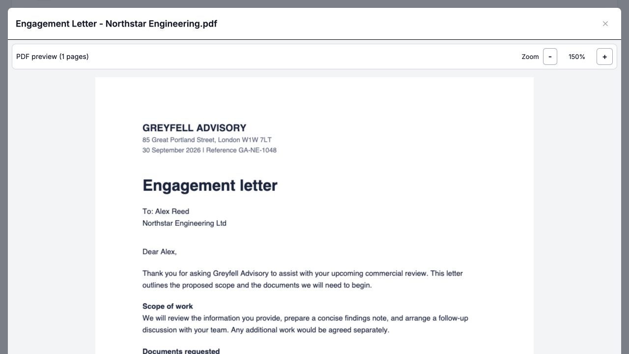 Engagement letter opened in the external recipient’s secure document viewer
