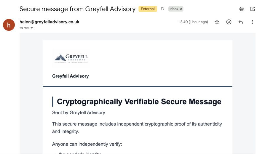 Greyfell’s actual secure-message notification received in Gmail