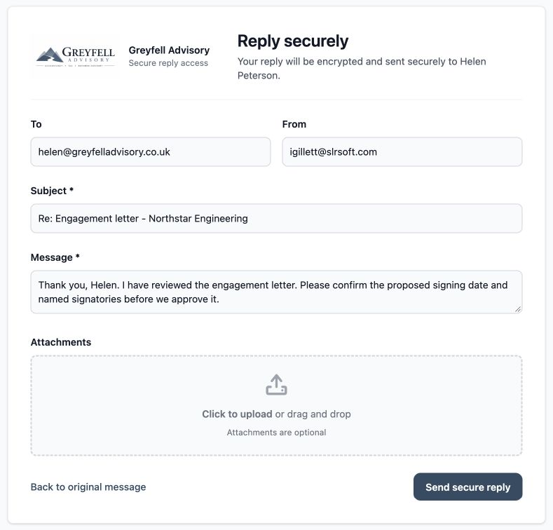 Complete secure reply form available to the external recipient