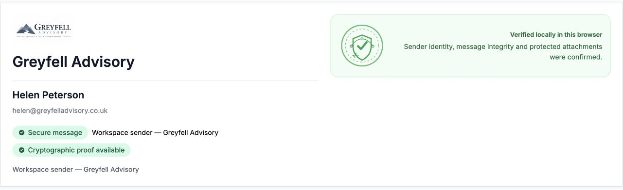 Greyfell’s identity on the external recipient’s verified secure message